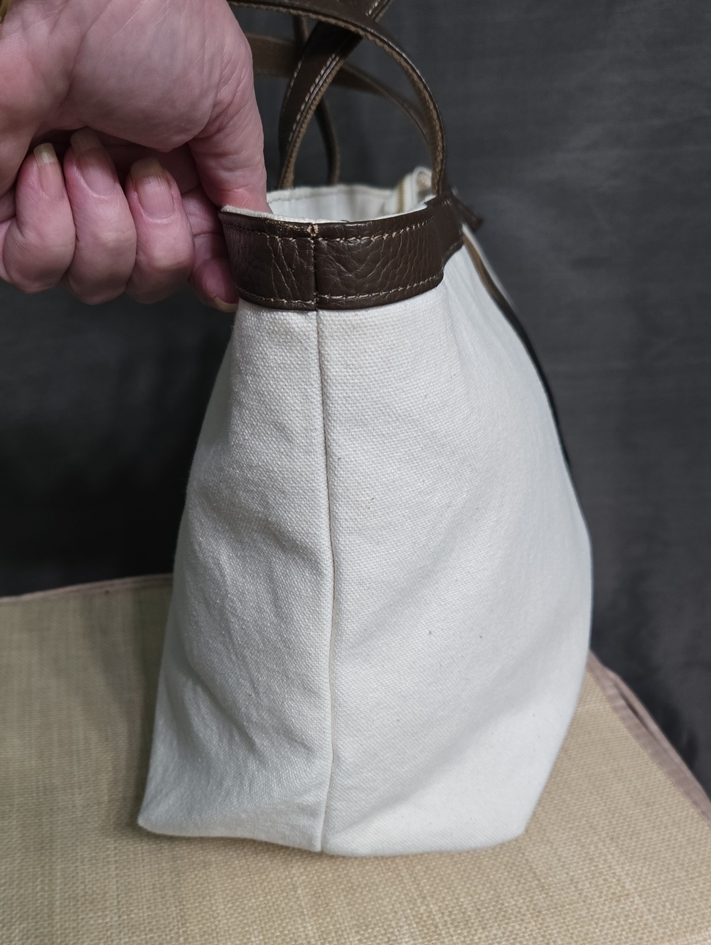 BURBERRY Blue Label Cream Canvas Tote with Brown Leather Trim and Plaid Stripe - Picture 15 of 17
